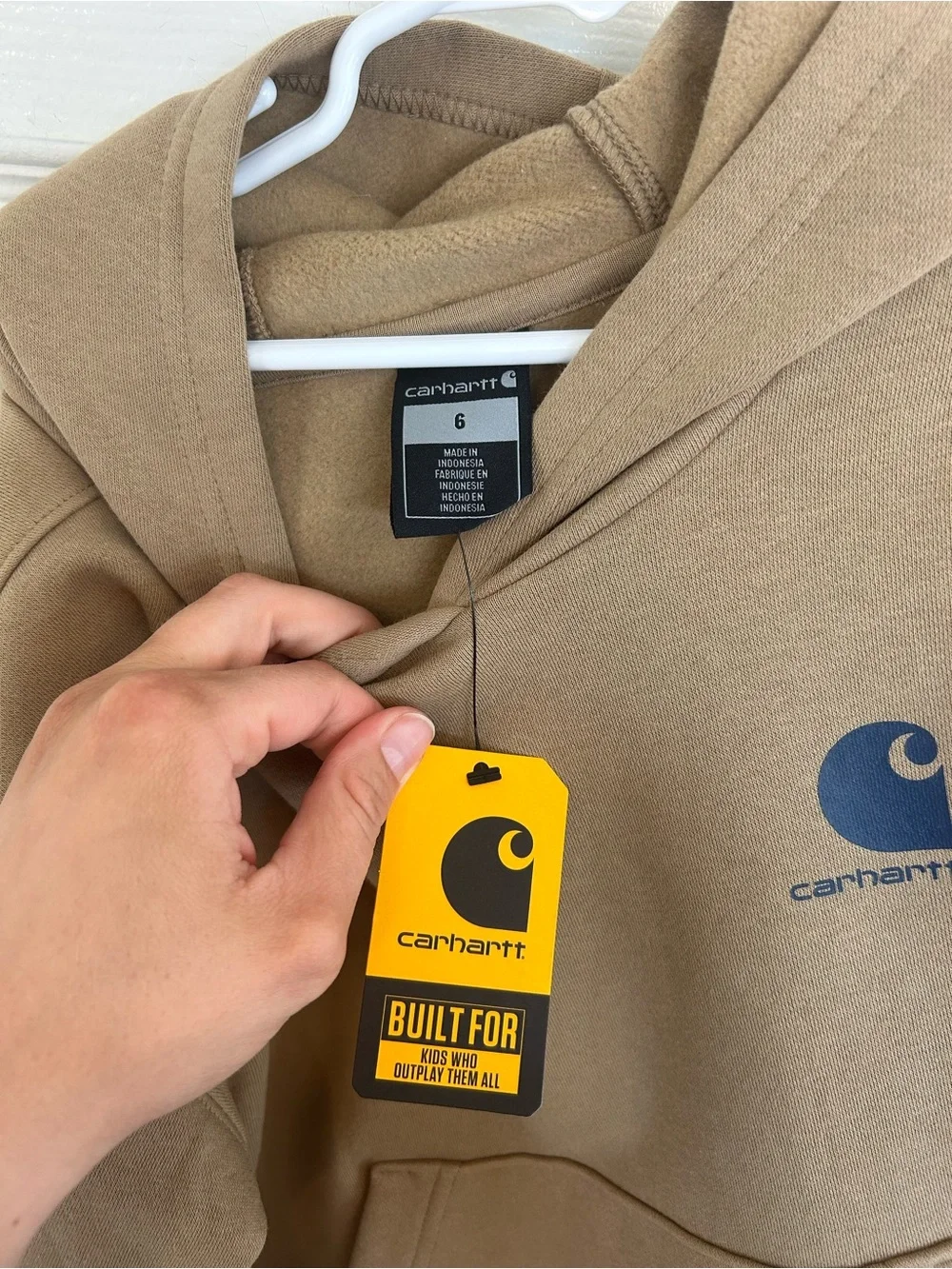 NWT! Carhartt Kid’s Tan Pullover Hoodie with Navy Logo Size 6